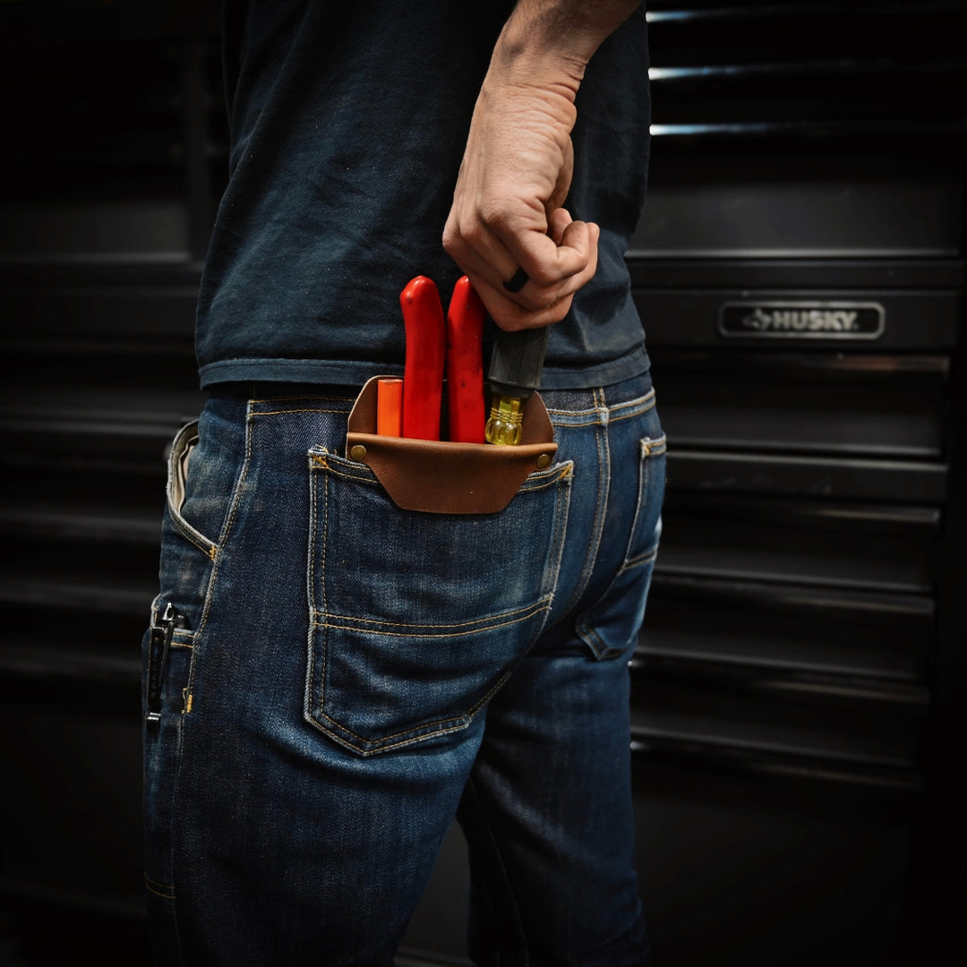 Brown leather Tool Pocket Protector Lifestyle